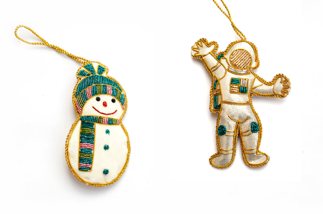 Astronaut and Snowman handmade ornament set of 2